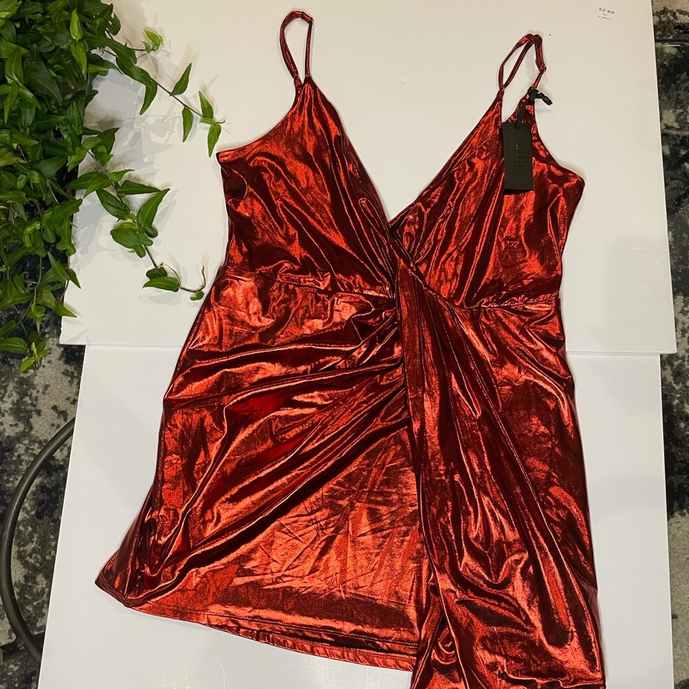 Red Metallic Hours Wrap mini party dress NWT XL